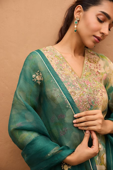 Buy_Dohr India_Green Tissue, Organza Zari, Sequins, Gulbaagh Floral Printed Kurta Salwar Set _Online_at_Aza_Fashions