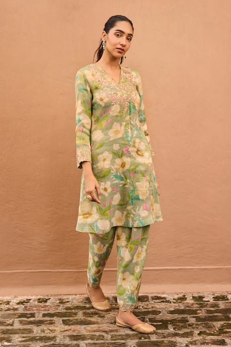 Shop_Dohr India_Green Tissue, Organza Zari, Sequins, Gulbaagh Floral Printed Kurta Salwar Set _Online_at_Aza_Fashions