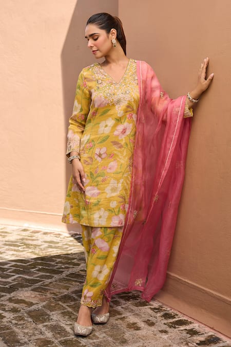 Shop_Dohr India_Mustard Tissue, Organza Zari, Sequins, Gulbaagh Floral Printed Kurta Set _Online_at_Aza_Fashions