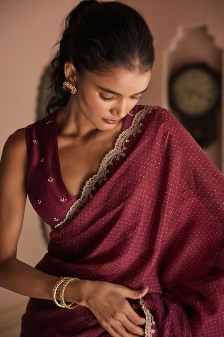 Dohr India_Wine Organza, Viscose, Dupion Zari, Sequins, Alisha And Saree With Blouse _Online_at_Aza_Fashions