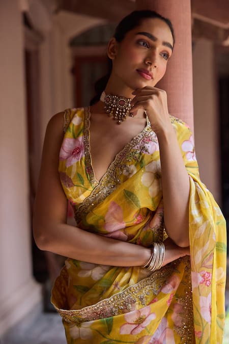 Dohr India_Yellow Organza, Viscose, Dupion Embroidery, Adira Floral Saree With Blouse _Online_at_Aza_Fashions