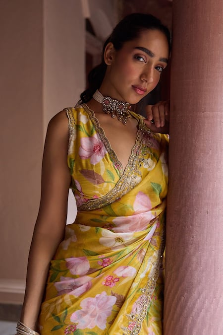 Buy_Dohr India_Yellow Organza, Viscose, Dupion Embroidery, Adira Floral Saree With Blouse _Online_at_Aza_Fashions