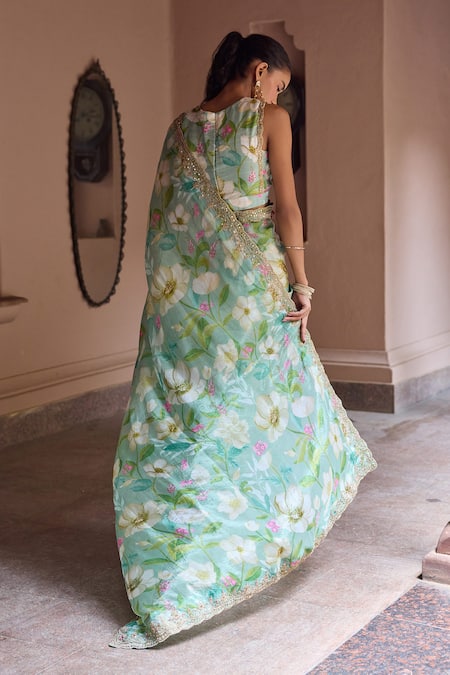 Dohr India Adira Floral Print Organza Saree With Blouse 