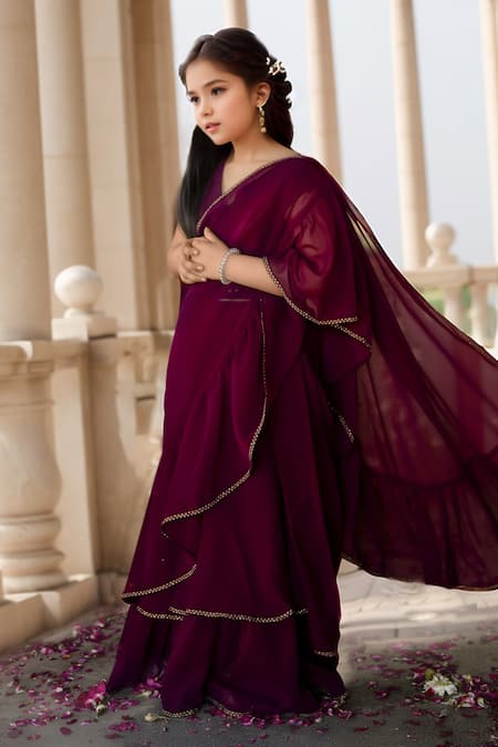 Shop_Petite Pomme_Wine Georgette Lace, Sequins Classic Ruffle Hem Pre-draped Saree With Blouse _Online_at_Aza_Fashions