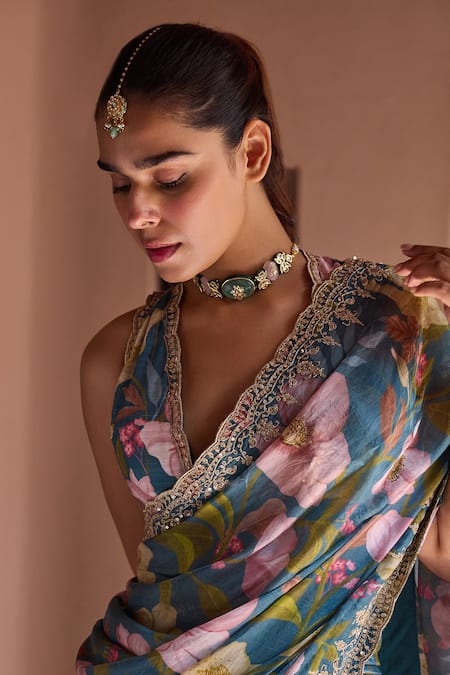 Dohr India_Teal Organza, Dupion, Viscose Zari, Sequins, Adira Floral Saree With Blouse _Online_at_Aza_Fashions