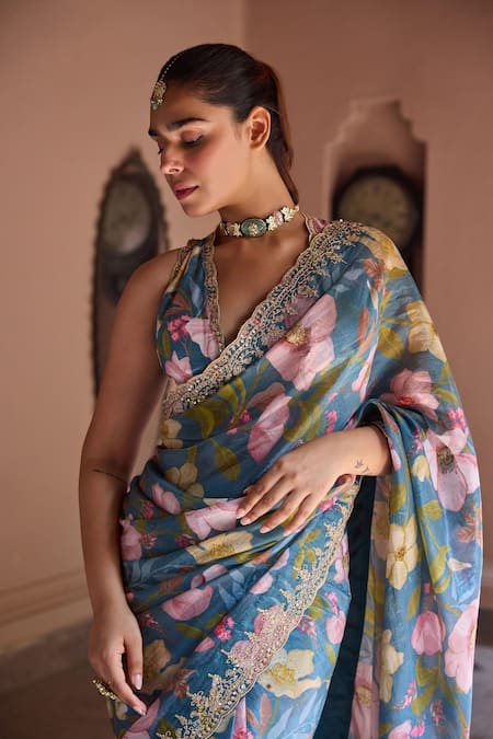 Buy_Dohr India_Teal Organza, Dupion, Viscose Zari, Sequins, Adira Floral Saree With Blouse _Online_at_Aza_Fashions