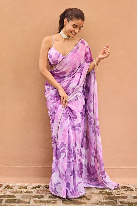 Dohr India Amber Floral Pattern Saree With Blouse 