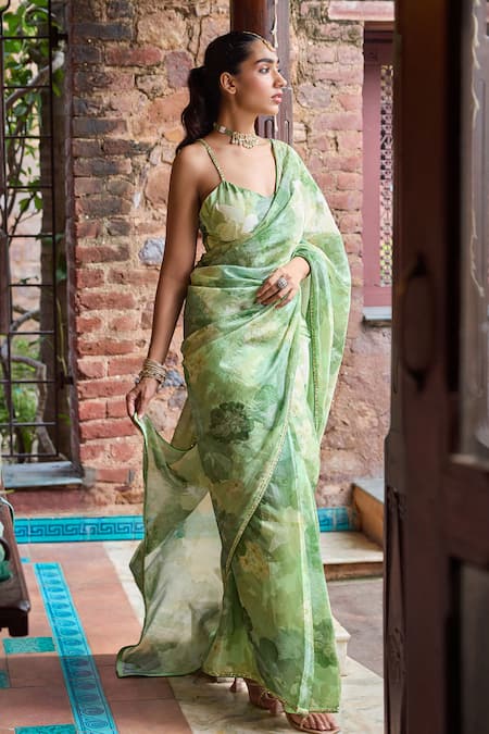 Dohr India_Green Organza, Viscose Zari, Sequins, Embroidery Amber Saree And Blouse Set _Online_at_Aza_Fashions
