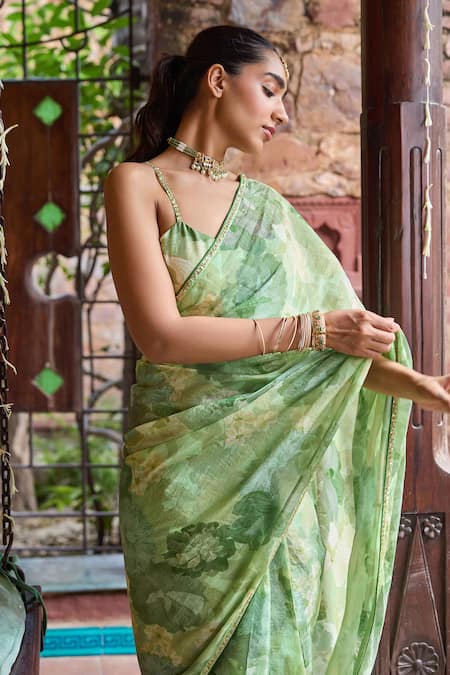 Buy_Dohr India_Green Organza, Viscose Zari, Sequins, Embroidery Amber Saree And Blouse Set _Online_at_Aza_Fashions