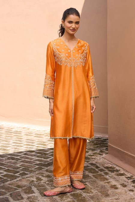 Dohr India_Orange Silk, Cotton, Silk, Falak Choga Kurta Set _Online_at_Aza_Fashions