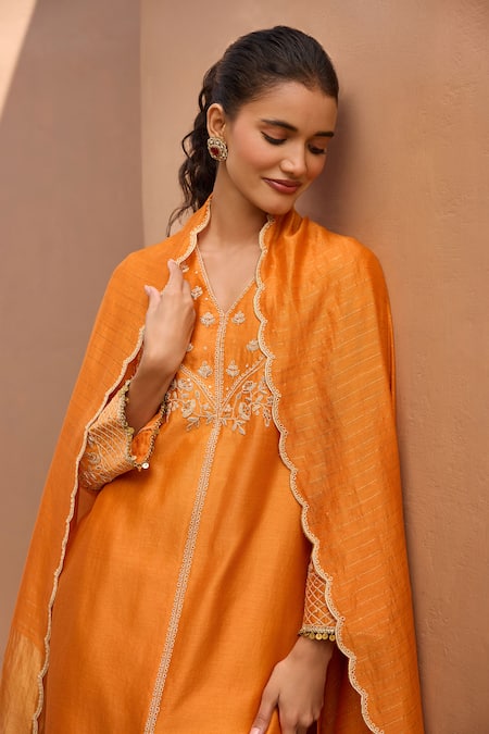 Buy_Dohr India_Orange Silk, Cotton, Silk, Falak Choga Kurta Set _Online_at_Aza_Fashions