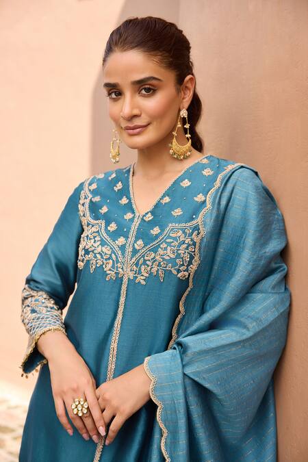 Dohr India_Cobalt Silk, Cotton, Silk, Embroidery, Falak Choga Kurta Set _Online_at_Aza_Fashions