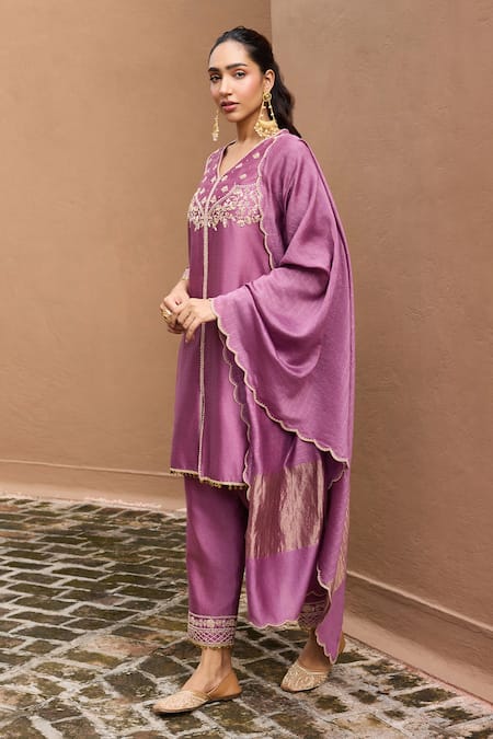 Dohr India_Purple Silk, Silk, Cotton, Falak And Choga Kurta Set _Online_at_Aza_Fashions