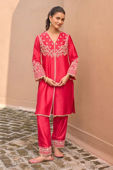 Dohr India_Pink Silk, Silk, Zari, Sequins, Falak And Choga Kurta Set _Online_at_Aza_Fashions