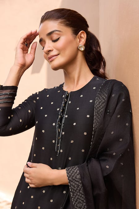 Buy_Dohr India_Black Chanderi , Jacquard, Cotton, Organza, Beads, Kurta And Palazzo Set _Online_at_Aza_Fashions