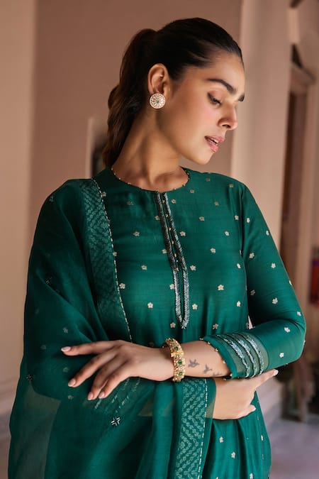 Dohr India_Emerald Green Chanderi Silk, Jacquard, Cotton, Organza Zari, Sequins, Kurta Set _Online_at_Aza_Fashions