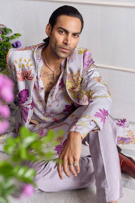 Mahima Mahajan_Lilac Linen, Satin Embroidery, Beads Sami Fanah Print Hand Sherwani Kurta Set _Online_at_Aza_Fashions