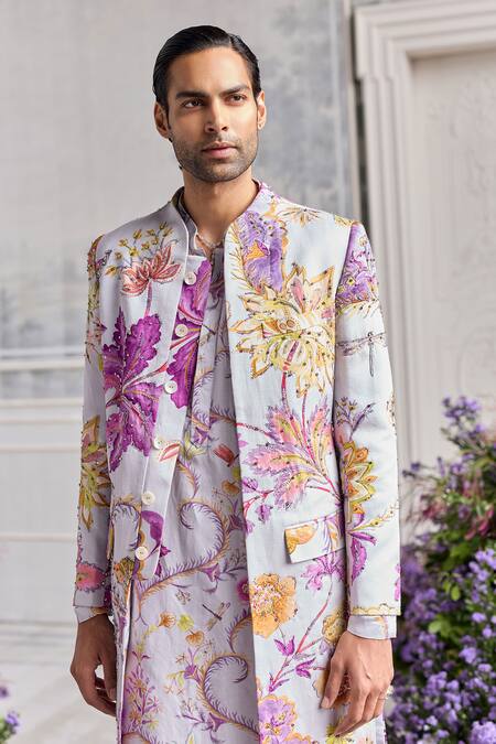 Mahima Mahajan_Lilac Linen, Satin Embroidery, Beads Sami Fanah Print Hand Sherwani Kurta Set _at_Aza_Fashions