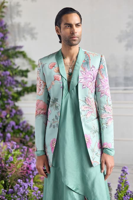 Mahima Mahajan_Green Linen, Satin Embroidery Nawaz Fanah Print Blazer Kurta Set _Online_at_Aza_Fashions