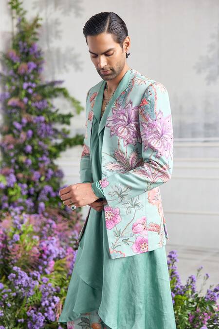 Buy_Mahima Mahajan_Green Linen, Satin Embroidery Nawaz Fanah Print Blazer Kurta Set _Online_at_Aza_Fashions