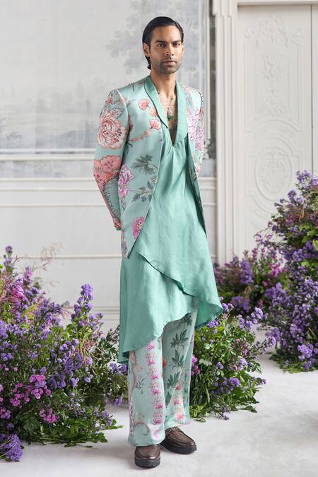 Shop_Mahima Mahajan_Green Linen, Satin Embroidery Nawaz Fanah Print Blazer Kurta Set _Online_at_Aza_Fashions
