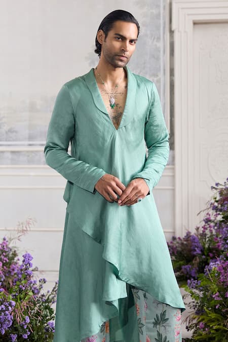 Mahima Mahajan_Green Linen, Satin Amar Angrakha Kurta And Quilted Fanah Print Trouser Set _Online_at_Aza_Fashions