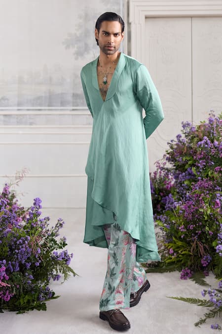 Buy_Mahima Mahajan_Green Linen, Satin Amar Angrakha Kurta And Quilted Fanah Print Trouser Set _Online_at_Aza_Fashions