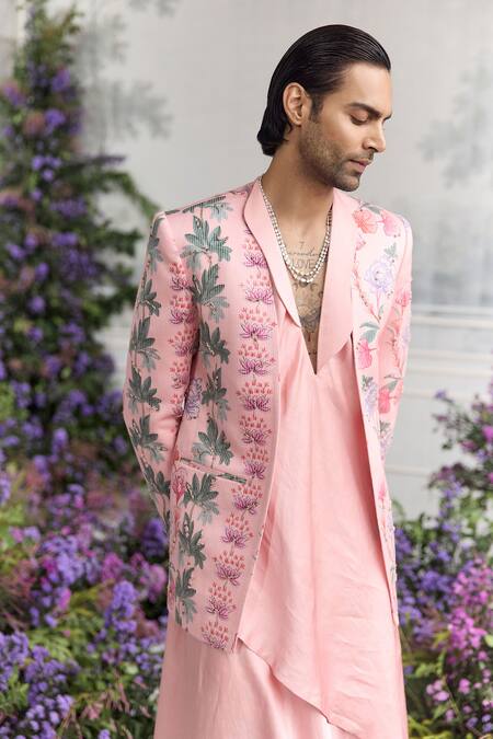 Mahima Mahajan_Blush Linen, Satin Embroidery Anas Quilted Hand Blazer Kurta Set _Online_at_Aza_Fashions