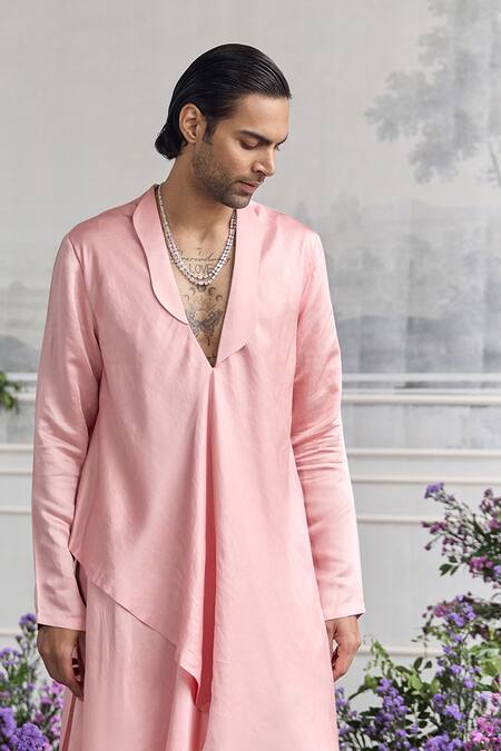 Mahima Mahajan_Pink Linen, Satin Akram Angrakha Kurta And Quilted Trouser Set _Online_at_Aza_Fashions