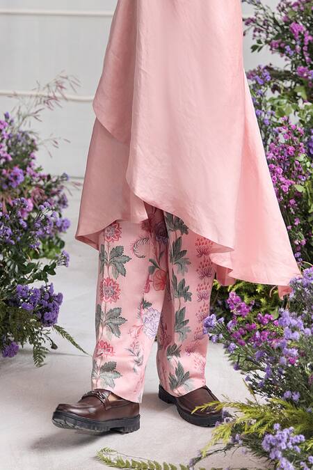 Buy_Mahima Mahajan_Pink Linen, Satin Akram Angrakha Kurta And Quilted Trouser Set _Online_at_Aza_Fashions