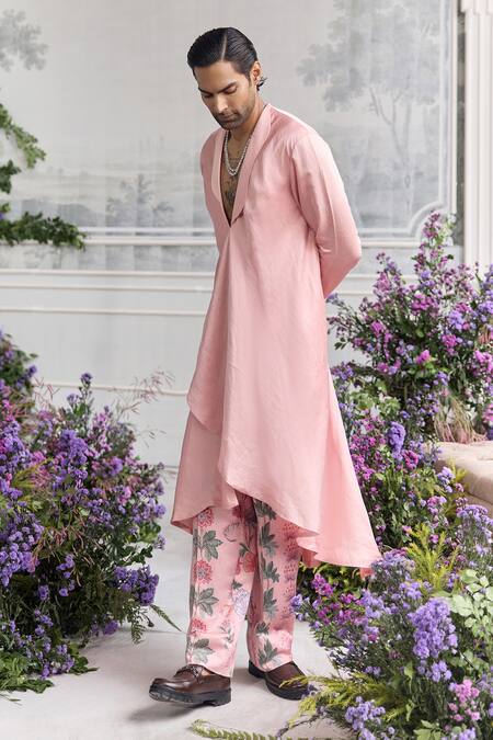 Shop_Mahima Mahajan_Pink Linen, Satin Akram Angrakha Kurta And Quilted Trouser Set _Online_at_Aza_Fashions