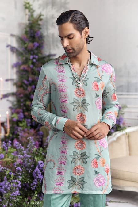 Shop_Mahima Mahajan_Green Linen, Satin Said Fanah Print Short Kurta And Trouser Set _Online_at_Aza_Fashions