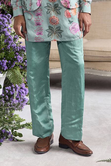 Mahima Mahajan_Green Linen, Satin Embroidery Saim Fanah Print Hand Bundi Kurta Set _Online_at_Aza_Fashions