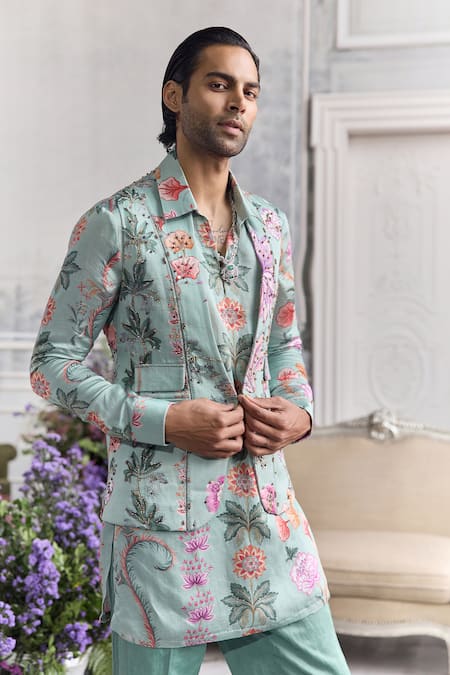 Shop_Mahima Mahajan_Green Linen, Satin Embroidery Saim Fanah Print Hand Bundi Kurta Set _Online_at_Aza_Fashions