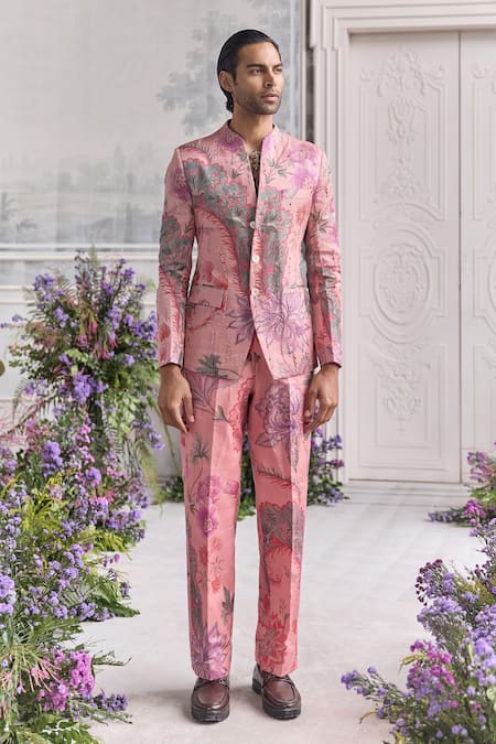 Buy_Mahima Mahajan_Blush Satin, Organza Embroidery Ameer Fanah Print Quilted Hand Bandhgala Set _Online_at_Aza_Fashions