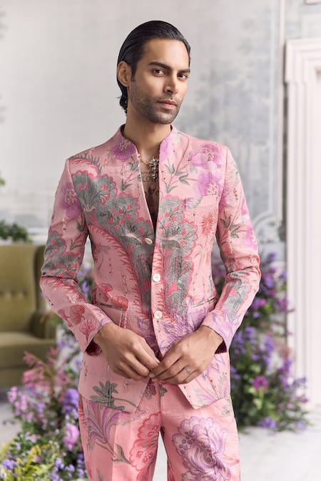 Shop_Mahima Mahajan_Blush Satin, Organza Embroidery Ameer Fanah Print Quilted Hand Bandhgala Set _Online_at_Aza_Fashions