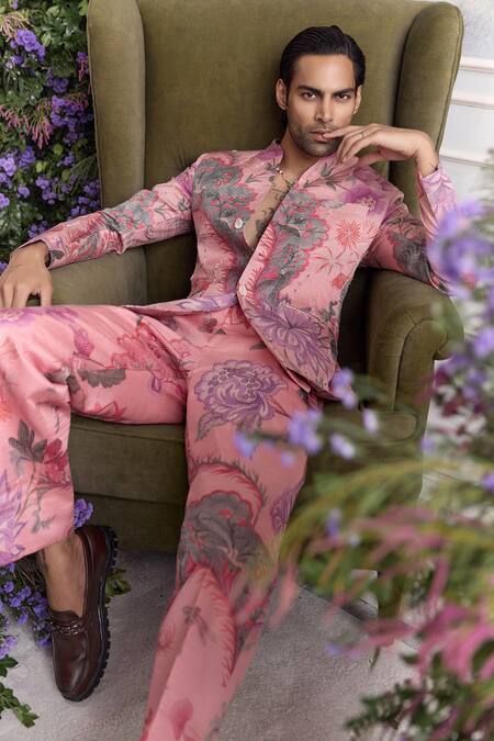 Mahima Mahajan_Blush Satin, Organza Embroidery Ameer Fanah Print Quilted Hand Bandhgala Set _at_Aza_Fashions