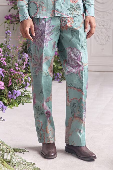 Mahima Mahajan_Green Linen, Satin, Organza Nizar Fanah Print Shirt And Trouser Set _Online_at_Aza_Fashions