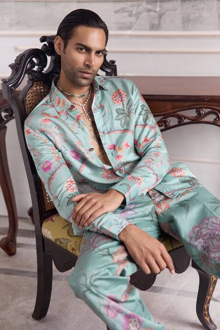 Buy_Mahima Mahajan_Green Linen, Satin, Organza Nizar Fanah Print Shirt And Trouser Set _Online_at_Aza_Fashions