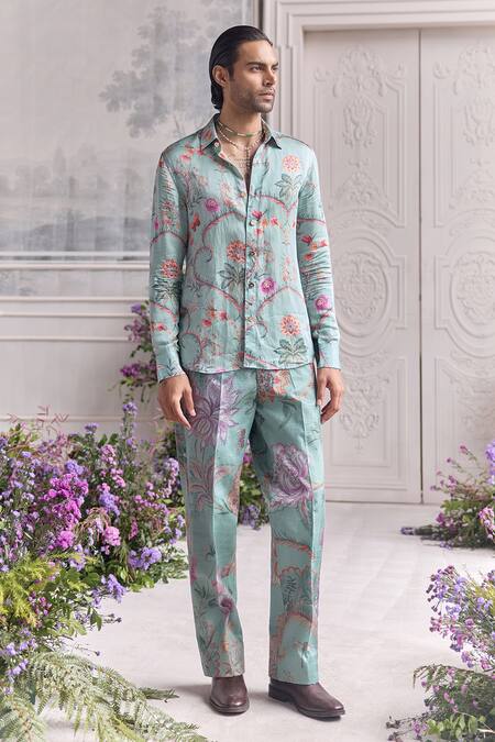 Shop_Mahima Mahajan_Green Linen, Satin, Organza Nizar Fanah Print Shirt And Trouser Set _Online_at_Aza_Fashions