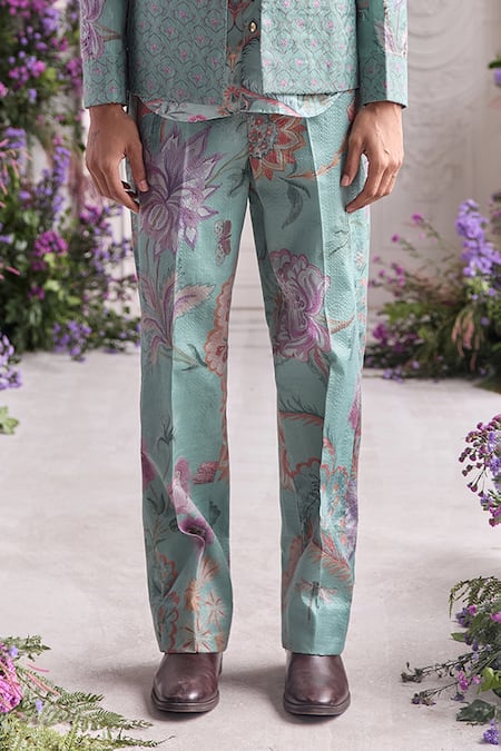 Mahima Mahajan_Green Satin, Organza, Linen Embroidery, Arhaan Quilted Hand Blazer Pant Set _Online_at_Aza_Fashions