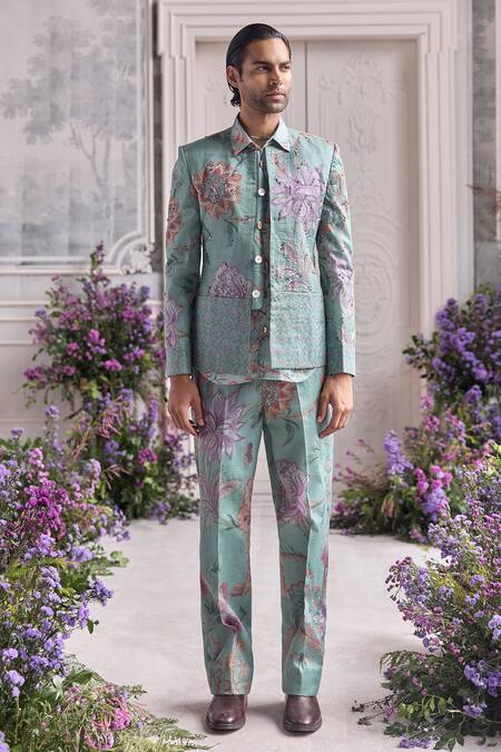 Shop_Mahima Mahajan_Green Satin, Organza, Linen Embroidery, Arhaan Quilted Hand Blazer Pant Set _Online_at_Aza_Fashions