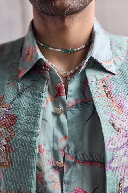 Mahima Mahajan_Green Satin, Organza, Linen Embroidery, Arhaan Quilted Hand Blazer Pant Set _at_Aza_Fashions