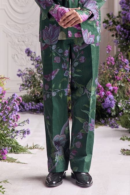 Mahima Mahajan_Green Linen, Satin Embroidery, Sequins Abram Fanah Print Blazer Set _Online_at_Aza_Fashions