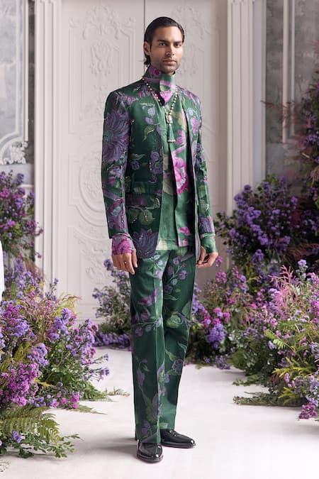 Shop_Mahima Mahajan_Green Linen, Satin Embroidery, Sequins Abram Fanah Print Blazer Set _Online_at_Aza_Fashions