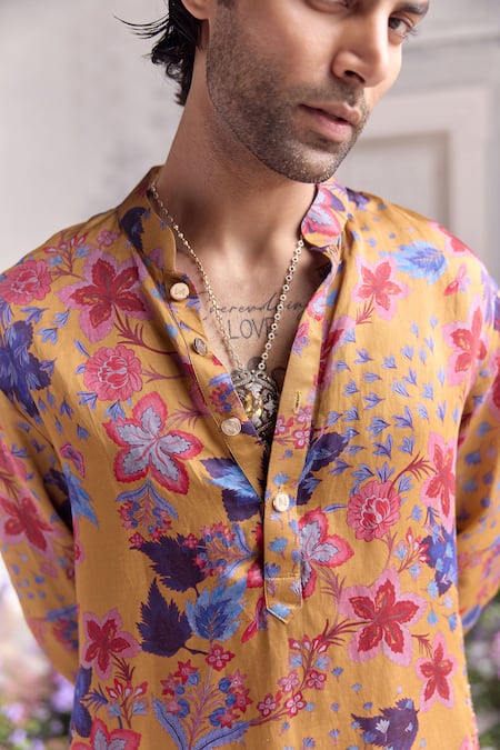 Buy_Mahima Mahajan_Yellow Linen, Satin Ahaan Fanah Print Kurta And Trouser Set _Online_at_Aza_Fashions