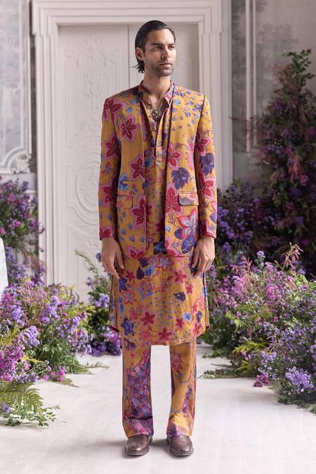 Shop Mahima Mahajan Yellow Linen, Satin Embroidery Habib Fanah Print Blazer And Kurta Set Online at Aza Fashions Shop_Mahima Mahajan_Yellow Linen, Satin Embroidery Habib Fanah Print Blazer And Kurta Set _Online_at_Aza_Fashions