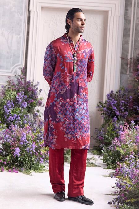 Buy_Mahima Mahajan_Red Linen, Satin Anwar Fanah Print Kurta And Trouser Set _Online_at_Aza_Fashions