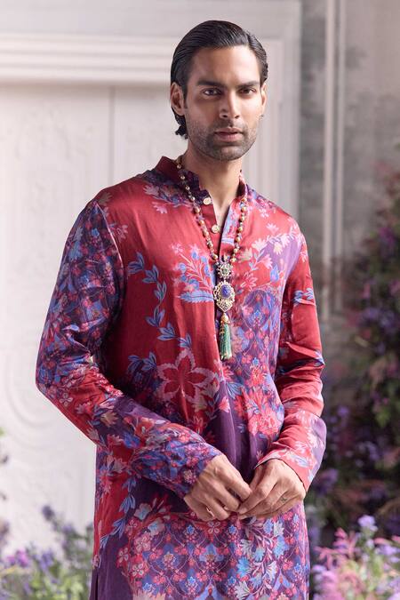 Shop_Mahima Mahajan_Red Linen, Satin Anwar Fanah Print Kurta And Trouser Set _Online_at_Aza_Fashions