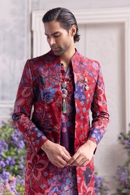 Buy Mahima Mahajan Red Linen, Satin Embroidery Nawaf Panelled Fanah Print Sherwani Set Online at Aza Fashions Buy_Mahima Mahajan_Red Linen, Satin Embroidery Nawaf Panelled Fanah Print Sherwani Set _Online_at_Aza_Fashions